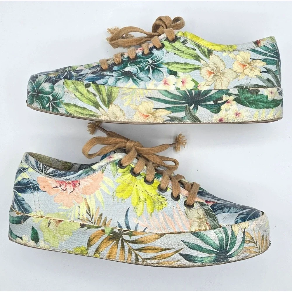 Rare FARM Rio Brazil Tropical Botanical Floral Leather Platform Sneakers 38 US 8